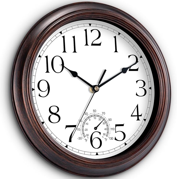 KECYET 12 Inch Outdoor Wall Clock with Thermometers, Vintage Silent Wall Clocks Battery Operated, Retro Non-Ticking Clock Decorative for Living Room, Patio, Kitchen, Office, Bathroom, Bedroom(Bronze)