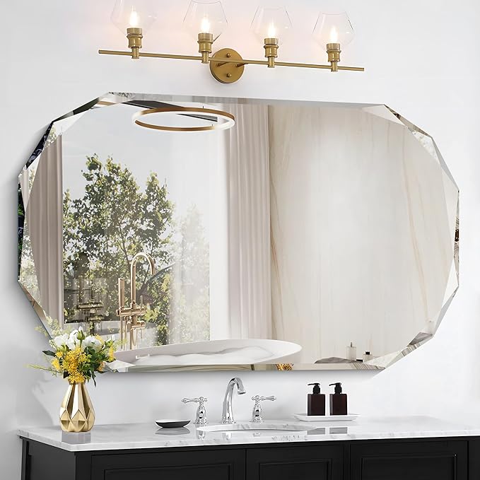 GLASHOM Frameless Bathroom Mirror, 30x48 inch Beveled Bathroom Mirror Wall Mounted, Modern Frameless Mirror for Bathroom, Living Room, Entryway Mirror Horizontal or Vertical