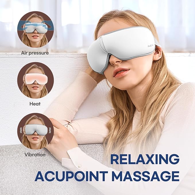 HubiCare Eye Massager with Heat, Vibration, and Music Helps Relieve Strain, Dark Circles, Dryness, and for Migraine Relief Relaxation and Better Sleep Valentines Day Gifts for Women/Men (White)