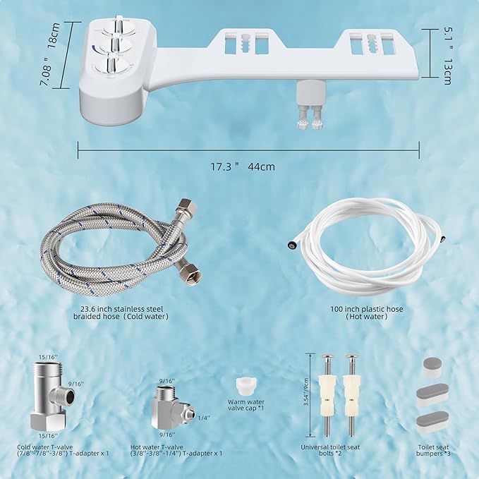 Hibbent Bidet Attachment for Toilet, Self Cleaning Dual Nozzle, Hot & Cold Water Spray Non-Electric Mechanical Bidet Toilet Seat for Rear or Female Washing Sanitizing, Adjustable Water Pressure, White