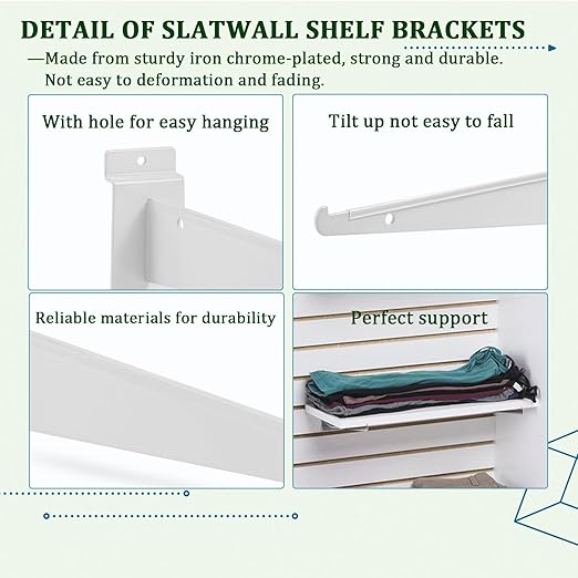 AYAYGD 10 Pack Slatwall Knife Shelf Bracket, 8 inch Slatwall Bracket for Shelves, Heavy Duty Metal Slatwall Accessories with Lip for Slat Wall Panels Shelving Display Home Commercial, White