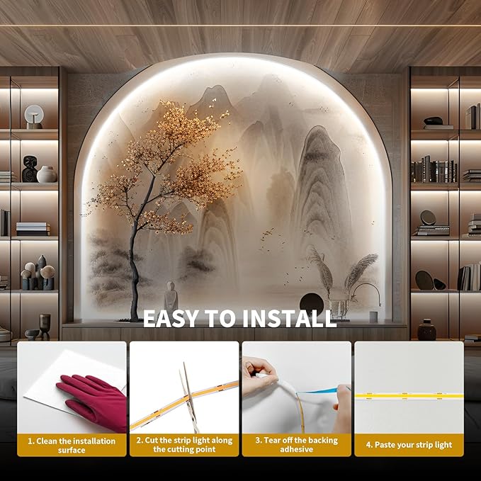 BUNACET 80FT/24m COB LED Strip Light (2 Rolls of 40ft) Warm White Dimmable 6500K High Lumen CRI 90+ with 24V Power Adapter RF Remote LED Lights for Bedroom Counter Under Cabinet Kitchen Projects