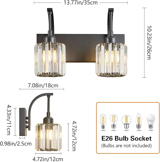 FDPBY Bathroom Crystal Vanity Lights 2-Light Black Wall Lamp Modern Crystal Bathroom Light Fixtures Over Mirror 13.77" Long Wall Sconce