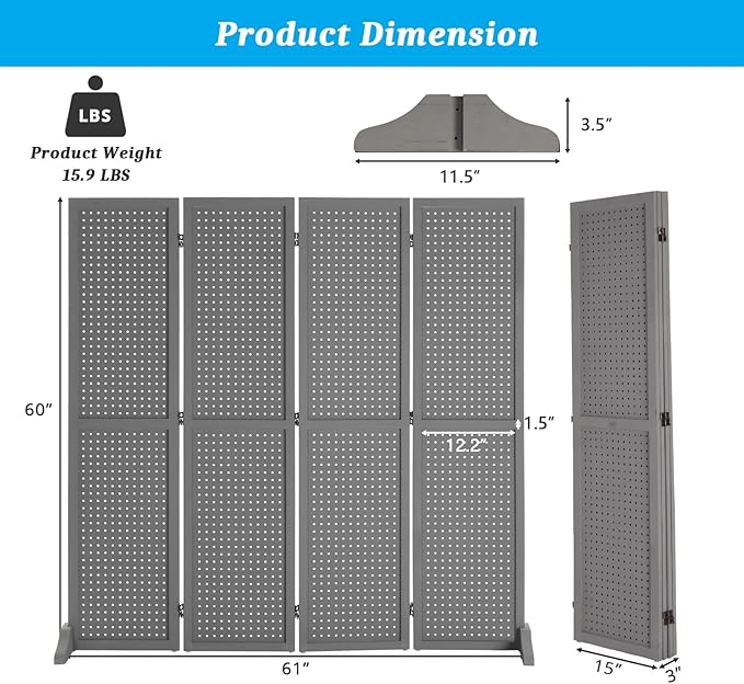 Bonnlo 4 Panel Pegboard Freestanding, 5 FT Portable Display Board Organizer for Craft Show Jewelry, Wooden Folding Privacy Screen Room Divider (with Base, Grey)