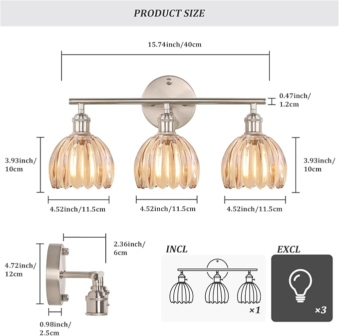 Shenmoyl Bathroom Light Fixtures, 3-Light Vanity Wall Light Over Mirror with Amber Tulip Glass Shade for Bedroom Living Room (Bulb Not Included), Satin Nickel