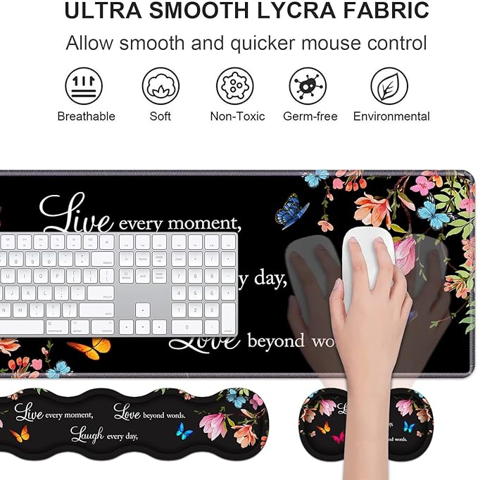 Ergonomic Keyboard Wrist Rest & Mouse Pad Wrist Rest Set,Large XXL Gaming Desk Mat 31.5"x 11.8" with Non-Slip Base, Memory Foam,Easy Typing Pain Relief for Home & Office,Floral Quote Live Laugh Love