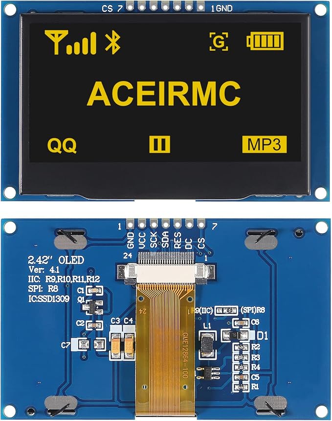 ACEIRMC 2.42 inch 128x64 OLED LCD Display Module SSD1309 7 Pin SPI/IIC I2C Serial Interface for Arduino UNO R3 (Yellow)