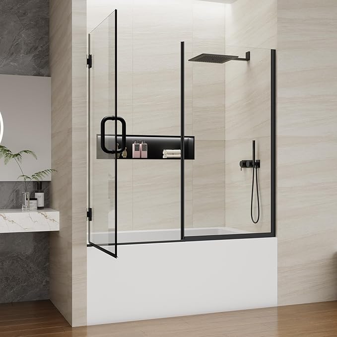 Pivot Swing Bathtub Door, Adjustable Width 60" W x 59" H Semi-Frameless Shower Glass Door with 5/16 in (8mm) Clear SGCC Tempered Glass with Nano Easy-Clean Coating (Matte Black)
