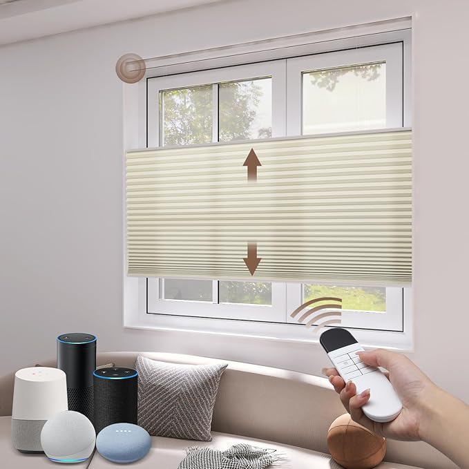 LEXEN Smart Top Down Bottom Up Honeycomb Shades - WiFi Enabled Motorized Cellular Blinds Compatible with Alexa/Google Home Double Cellular Fabric Light Filtering Insulated Custom Sizes-Beige