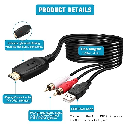 192KHz HDMI ARC to RCA Audio Converter for TV to Soundbar, Plug & Play 3.4ft/1.05m ARC to L/R Stereo RCA Male Cable Audio Extractor Adapter Splitter for Sound System Speaker Home Theater [PCM Only]