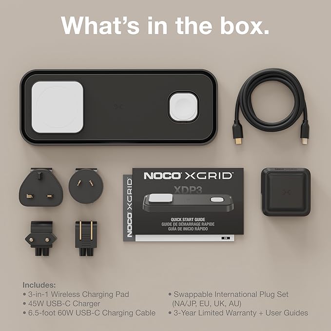 NOCO XGrid XDP3: 3-in-1 Wireless Charging Pad – Charging Station for iPhone, Apple Watch, and AirPods – MagSafe Compatible, Qi2 Certified – Includes 45W USB-C Wall Charger and 6.5-Foot USB-C Cable