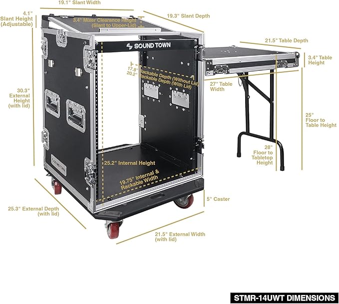 Sound Town Heavy-Duty 1/2" (12mm) Plywood 14U PA DJ Rack/Road ATA Case with 11U Slant Mixer Top, 20’’ Rackable Depth, DJ Work Table and Casters, 14 Space Size, Pro Tour Grade (STMR-14UWT)
