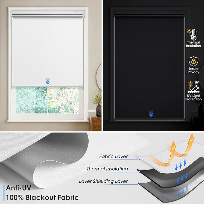 Motorized Roller Blinds with Remote Control & Solar Panel - 100% Blackout Smart Blinds, Automatic, Cordless, Electric Shades - Compatible with Alexa - White,39" W*72" H