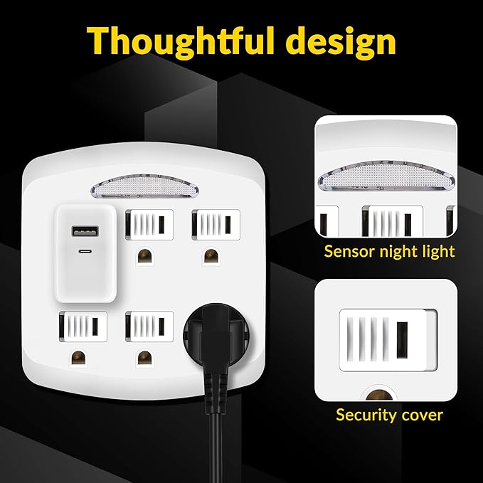6-Outlet Extender, 3-Prong Ground Wall Tap Adapter with Safety Cap & LED Guide Light, Cruise Essentials, Multiple Plug Electrical Outlets Splitter for Home, Office, Dorm Room, ETL Listed, White