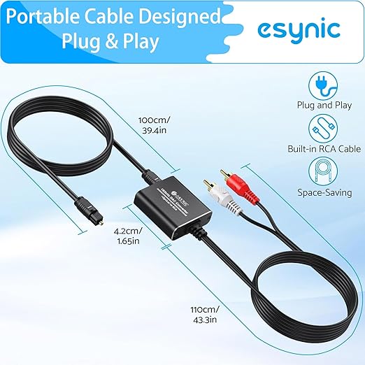 eSynic Portable Optical to RCA Adapter-7 FT Long-Built-in DAC Chip-Easy to Setup-192KHZ Digital to Analog Converter-Aluminum Shell-from HDTV/Blu-ray/DVD/Gaming Consoles to L/R Stereo Audio System