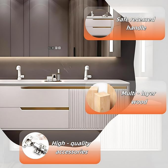 Bathroom Vanity with Double Sink - Smart Defogging Mirror & LED Lights on Both Sides, Floating Bath Sink Cabinet | 2 Drawers, Wave Shaped Panel (Khaki, 68IN)
