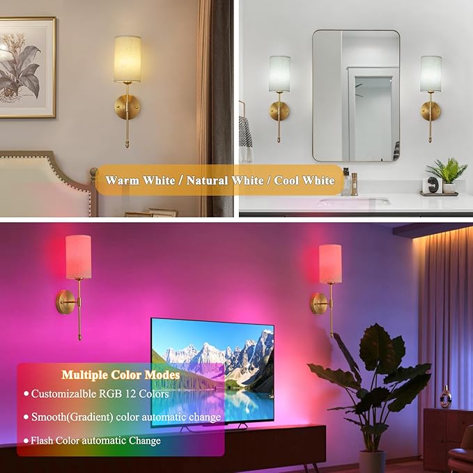 Battery Operated Wall Sconces Set of Two, Rechargeable Wireless Wall Lights with Remote, Gold Electroplating, Dimmable, RGB 15 Colors, Ideal for Bedroom, Living Room, 2 Pack