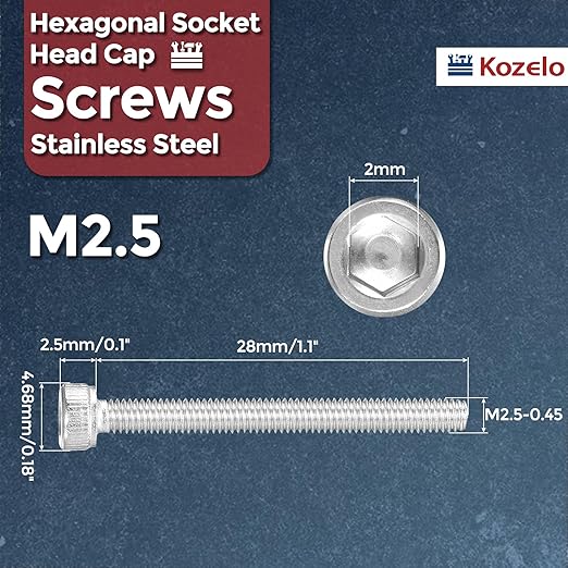 Kozelo 30pcs Socket Head Cap Screws - [M2.5-0.45 x 28mm] 304 Stainless Steel Allen Socket Drive for Electrical Motor 3D Printing Fan Engine Replacement Use, Silver