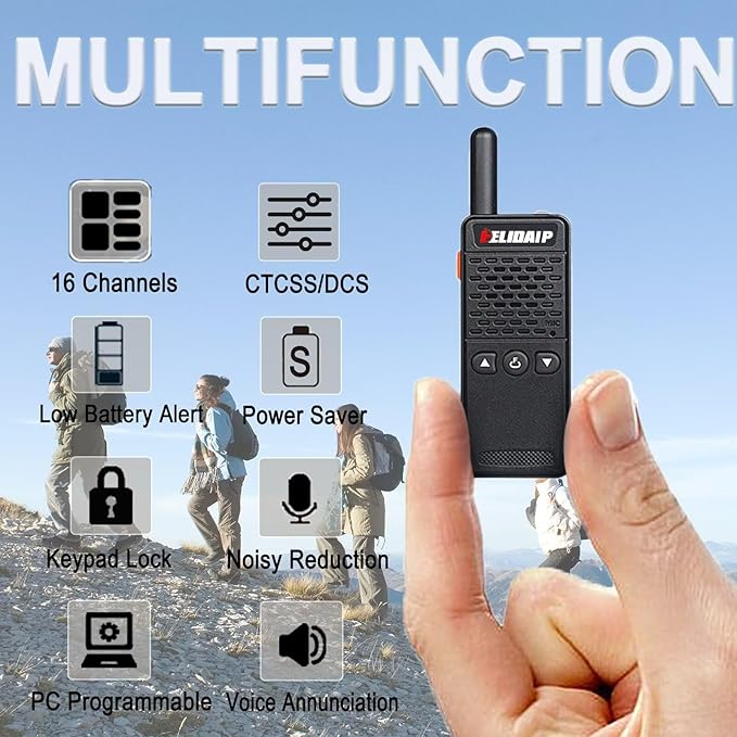 ELIDAIP T-M2 Mini Walkie Talkies for Adults,Long Range Two Way Radios 16 Channels,1100mAh,Small Walkie Talkie Rechargeable with Earpiece for Hiking Camping Family Trip Shopping mall (Black 2 Pack)