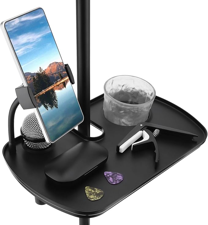 Microphone Stand Tray with Mic Phone Holder, 12.2" x 7.91" Large Shelf Adjustable Clamp On Rack Tray for Stage Music Stand Live Streaming Broadcast Audio Recording