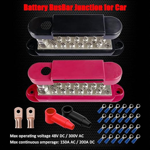 1/4" Stud Power Distribution Block Bus Bar with 12 x #8 Screws, Ampper 5.3" 12V 150A Marine BusBar Battery Distribution Block Kit W/Cover for Car Boat Solar (Red & Black)