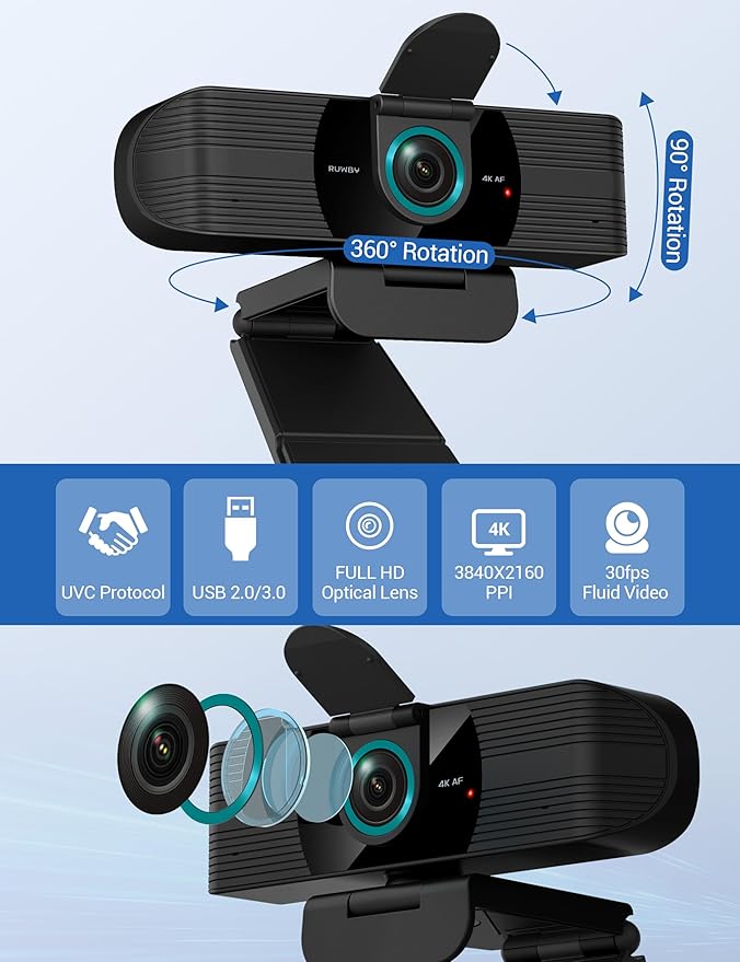 RUWBY UHD 4K Webcam with Built-in Dual Mics, Wide-Angle Lens, Privacy Cover, Tripod Stand, Autofocus Computer Camera, Plug and Play for Desktop PC or Laptop