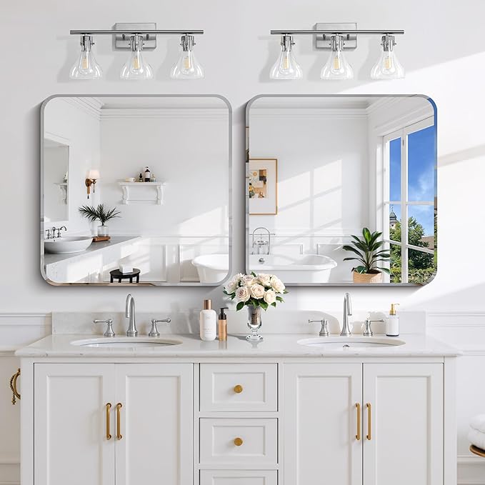CILIBER Beveled Mirror 30"x30", Square Frameless Bathroom Mirror Rounded Corner, Framless Vanity Mirror Shatterproof Tempered Glass Lightweight Design for Bedroom Living Room Entryway