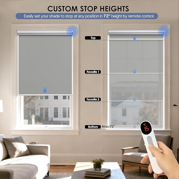 Motorized Roller Blinds with Remote Control & Solar Panel - 100% Blackout Smart Blinds, Automatic, Cordless, Electric Shades - Compatible with Alexa - Grey, 34" W x 72" H