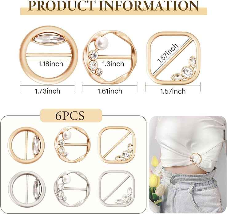 T-Shirt Clips 9 PCS, Clothes Corner Knotted Button, Fashion Alloy Pearl Rhinestone Circle Clip Buckle Round Shirt Silk Scarf