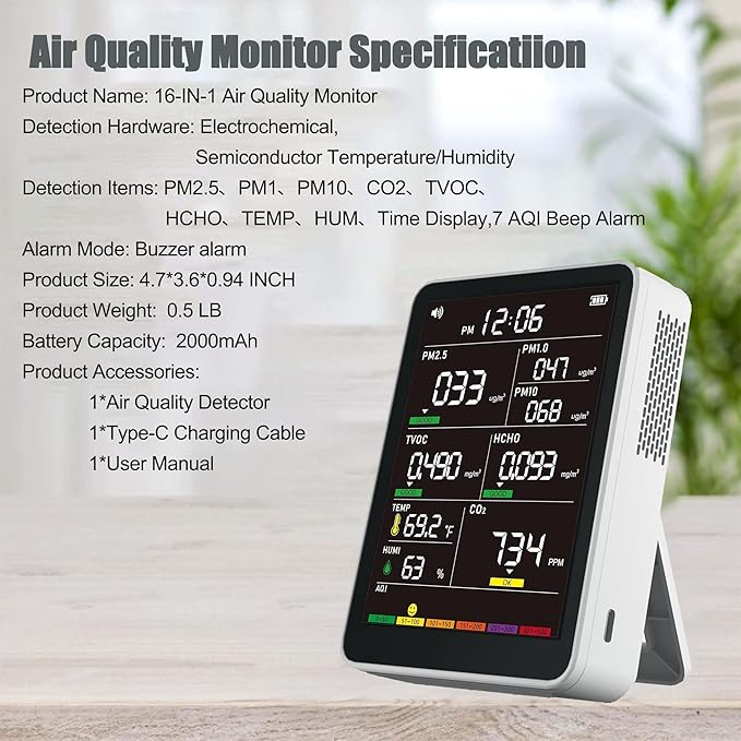 Professional Indoor Air Quality Monitor with AQI Alarms, Portable Real-Time Detector for Home Cars Plants and Pets (Cold White)