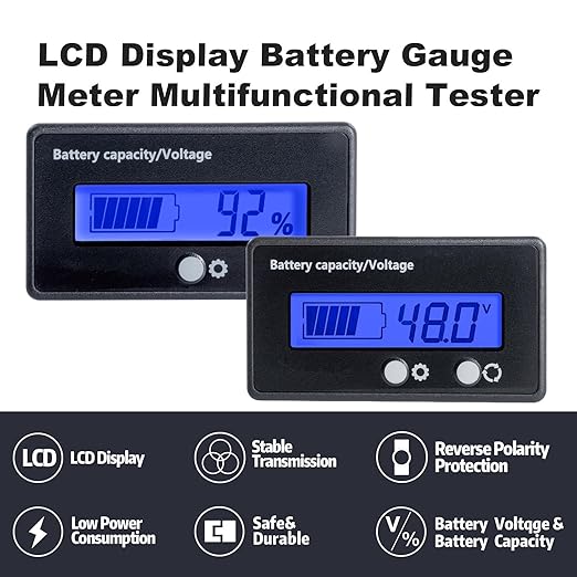 48V Battery Meter - 10-100V Golf Cart Battery Gauge, DC 12V-84V Voltage Indicator for Acid & Lithium Ion Batteries
