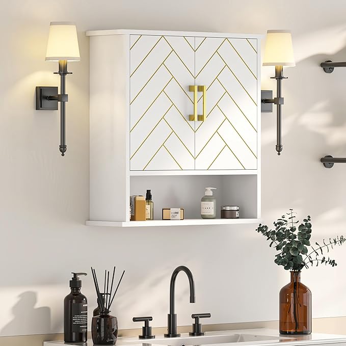 White Chevron Pattern Bathroom Wall Mount Cabinet, Stylish Hanging Medicine Cabinet with Open Shelf, Over The Toilet Storage for Bathroom Kitchen (23 5/8" x 22 7/8" x 7 1/8")