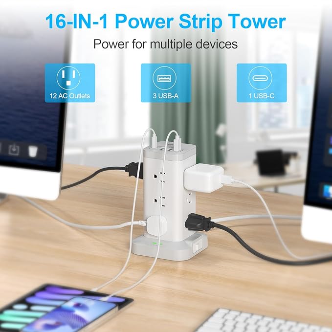 BEVA Power Strip Tower with USB Ports, 16 in 1 Surge Protector Tower, 12 AC and 4USB Ports, 10 FT Extension Cord with Multiple Outlets, Power Tower Charging Station for Office Supplies（White）