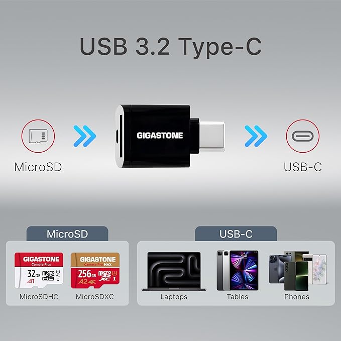 【5-Years Data Recovery】 GIGASTONE 256GB Micro SD Card with USB 3.2 Type C Card Reader, 4K Camera Pro MAX, Speed Up to 130MB/s Compatible with Gopro, DJI, Dash Cam, MicroSDXC UHS-I A2 V30 U3