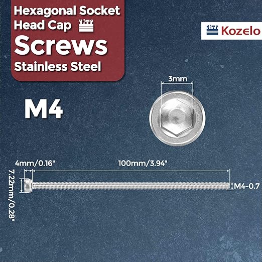 Kozelo 5pcs Socket Head Cap Screws - [M4-0.7 x 100mm] 304 Stainless Steel Allen Socket Drive for Electrical Motor 3D Printing Fan Engine Replacement Use, Silver