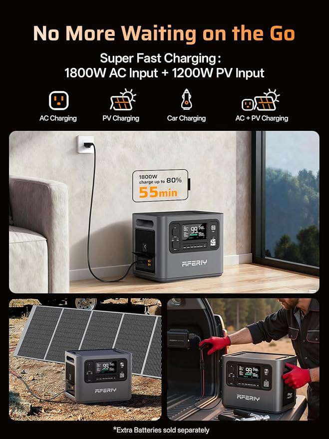 AFERIY 2800W Portable Power Station+DC600 580W Alternator Charger1,2048Wh LiFePO4 Battery,Dual Solar Input,6x Fast Charging On the Go,Power Outages,Camping,and RVs(Items Shipped Separately)
