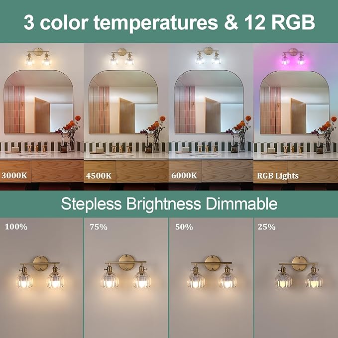 Shenmoyl Battery Operated Bathroom Light Fixtures, 2-Light Brass Vanity Wall Light with 5000mAh Rechargeable Bulb Over Mirror with Clear Tulip Glass Shade for Bedroom Living Room