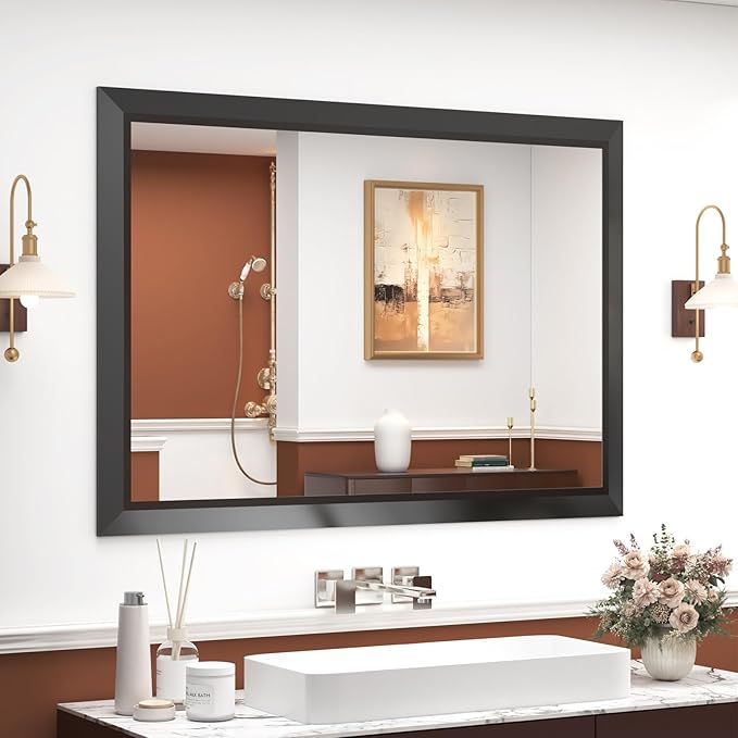 SMIROR Matte Black Bathroom Mirror for Over Sink 40x 30 inch, Metal Thick Frame Rectangle Vanity Mirror for Wall, Anti-Rust, Horizontally or Vertically Mounted