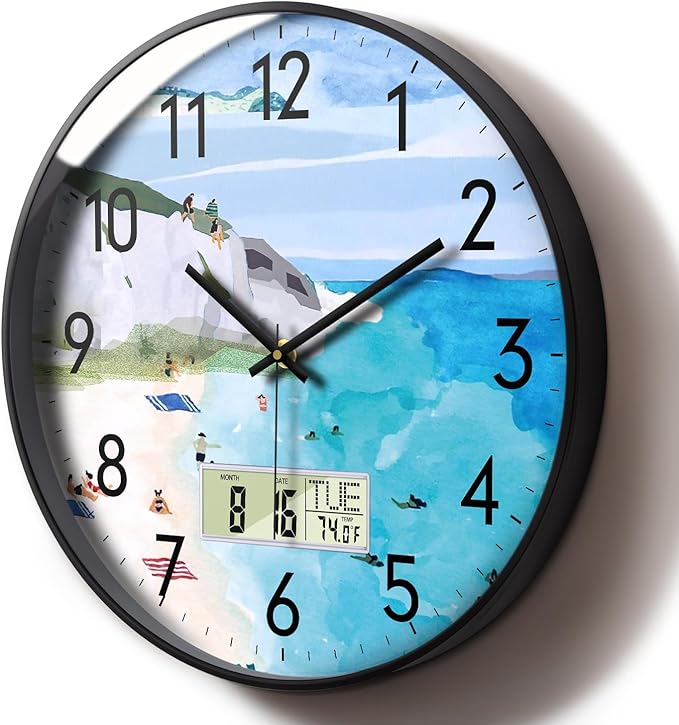SCOAGE Silent Wall Clock with Temperature Day and Date Blue Mountain and Sea Beach Non-ticking Kitchen Clock Digital Large Display Battery Operated Clocks Decor for Bathroom Living Room Office 12 Inch
