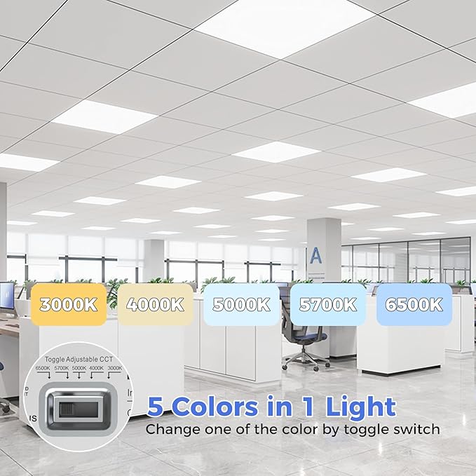AIKVSXER 1 Pack 2x2 LED Flat Panel Light - Selectable 5 CCT 3000K-6500K & 5 Wattage 30-50W 5500Lm 0-10V Dimmable 2x2 led Drop Ceiling Lights 120-277V for Commercial and Home