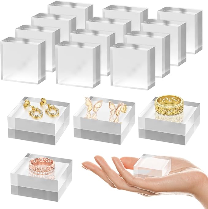 SAMYUCHO Acrylic Base 16 Pieces Acrylic Blocks for Display 2 X 2 X 1 Inch Square Riser Display Stands Trophy Base Pedestal Stands Clear Cube for Trophy Jewelry Props Food Party Crafts
