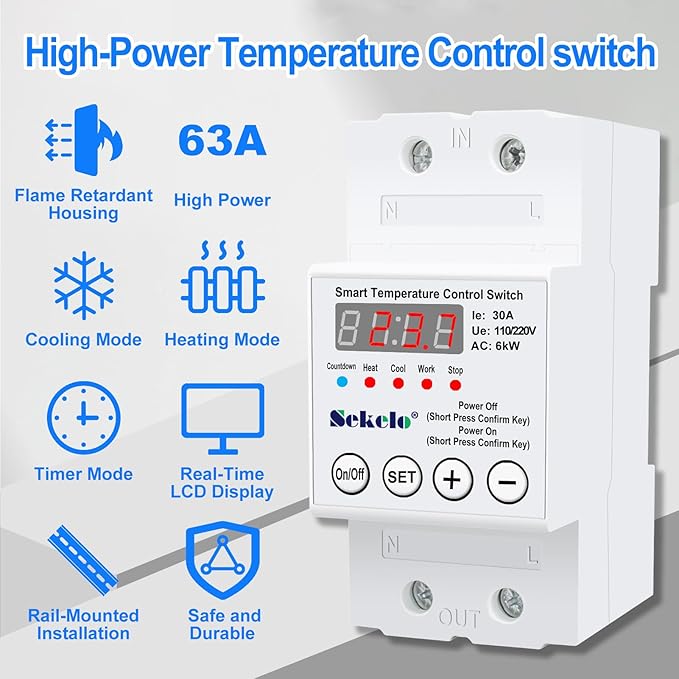 High-Power Temperature Control Switch, Rail-Mounted Digital Thermostat with Real-Time LCD Display for Heating & Cooling, 63A 110/220V, -40°C to 140°C, Ideal for Greenhouses, Aquaculture,Boilers