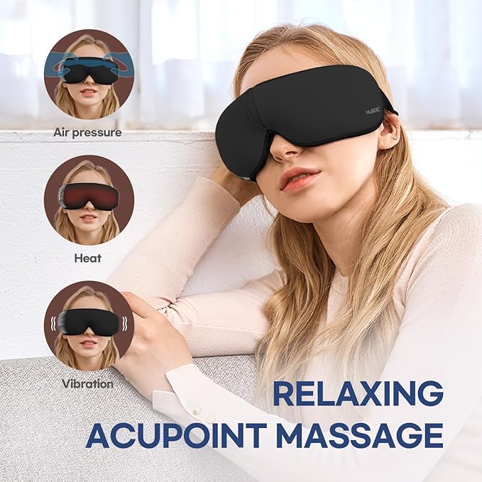 HubiCare Eye Massager with Heat, Vibration, and Music Helps Relieve Strain, Dark Circles, Dryness, and for Migraine Relief Relaxation and Better Sleep Valentines Day Gifts for Women/Men (Black)
