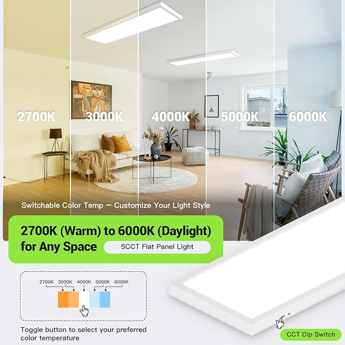 1x4 LED Flat Panel Light,Surface Mount Ceiling Light,5CCT 3000K/3800K/4500K/5200K/6000K Dimmable, 24W/30W/40W 5200LM Smooth Triac Dimming(10-100%), LED Light Fixture for Office Kitchen Garage,White