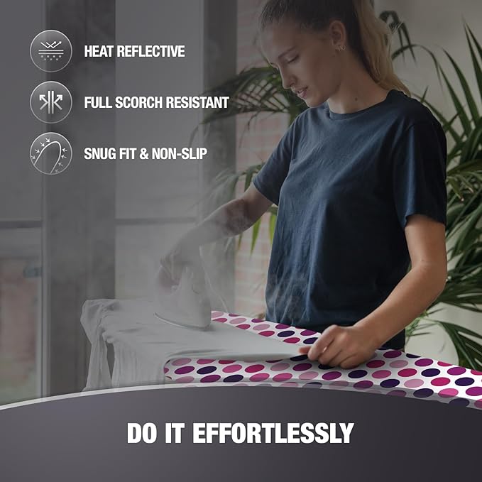 COTTY HOME Extra Thick Ironing Board Covers with Pad Standard Size 15x54, Heat Reflective Full Scorch Resistant Padding, Snug Fit Non-Slip Nose Pocket Fastener Straps Elastic Edges, Polka Dots