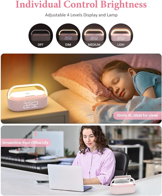 COLSUR Bluetooth Speaker Alarm Clock with Wireless Charger, FM Radio, Adjustable LED Night Light, 6 in 1 Bedroom Portable Speaker 2500mAh, Phone Stand for Bedside, Home, Office, Gift (Pink)