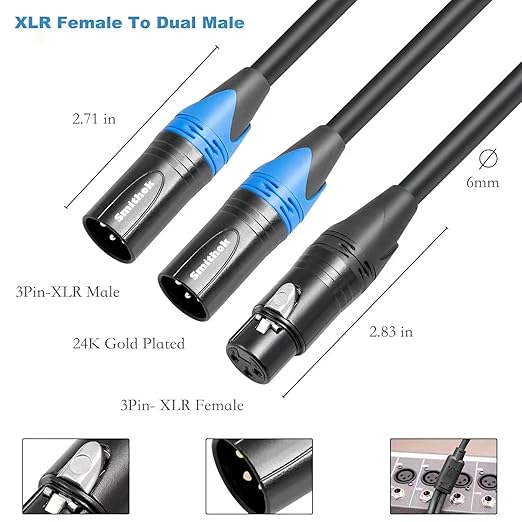 Smithok 2pack XLR Y Splitter Cable,Female to Dual Male Y Cable (XLR Splitter 1 Female to 2 Male),Balanced Microphone Splitter Cord Audio Adaptor - 1.6ft /0.5m