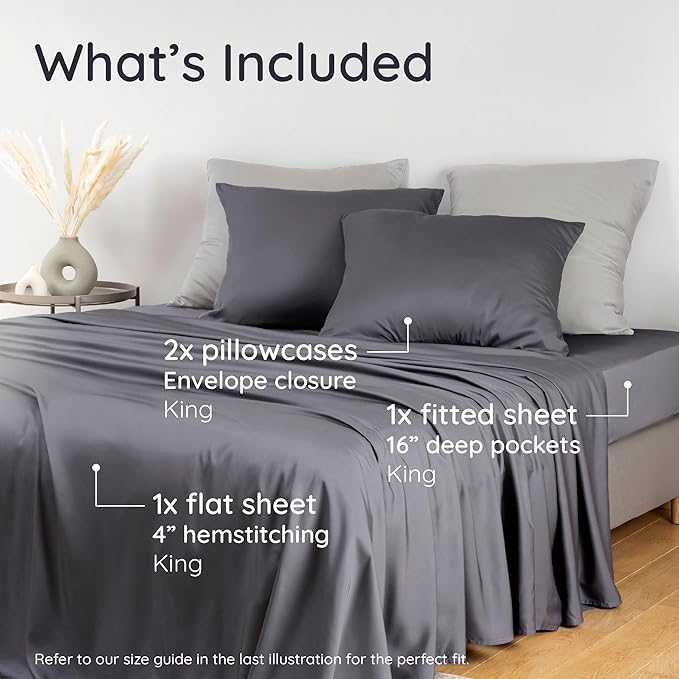 Bambaw 100% Viscose Derived from Bamboo Sheets King Size Set – 4pcs Cooling Deep Pocket King Sheet Set, Fits Up to 16'' with Elastic Corner Straps, Super Soft Sheets, Luxury Bedding (Charcoal)