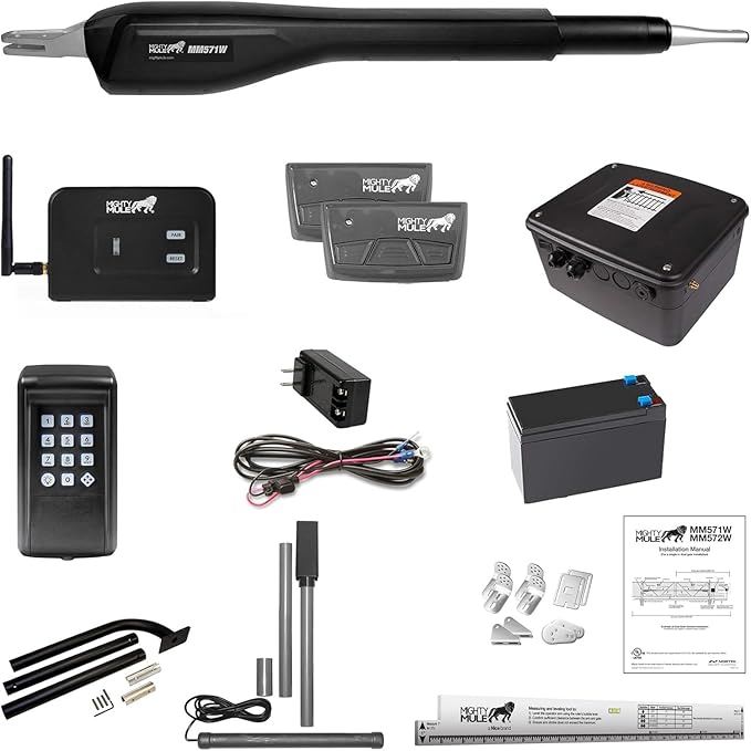 Mighty Mule Gate Opener, Solar and Smart Ready, Heavy Duty Automatic Gate Opener, Gates up to 18ft or 850lb, Single Gate Opener - Estate, Upgraded, MM571W-EST-A