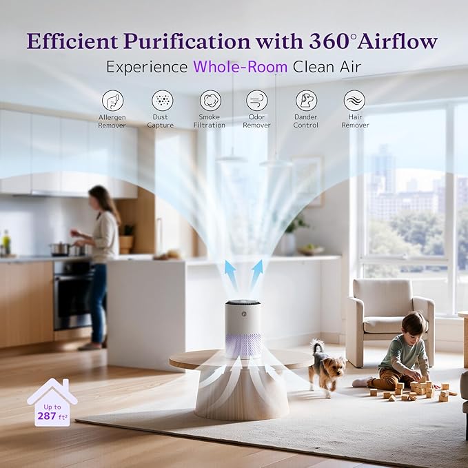 AROEVE Air Purifiers for Bedroom Home, 3 Layer Filter for Smoke Pollen Allergies Pet Dander Odor, Sleep Mode, Energy Saving, 4 Speeds, Timer for Office, Dorm, MK01A White+Green